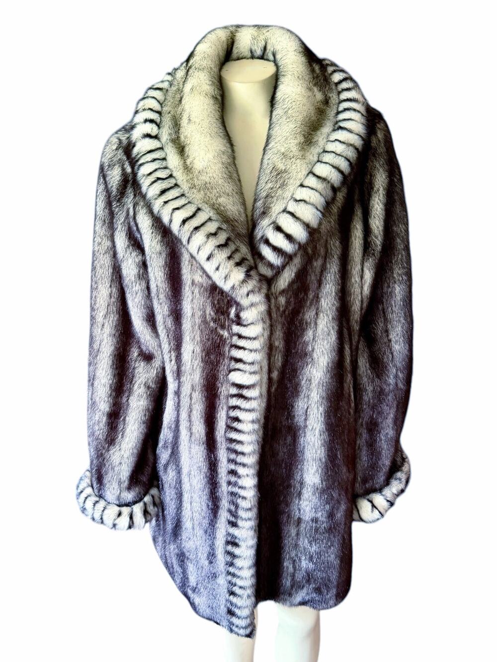 Dennis by Dennis Basso Faux Fur Coat Jacket Small Silver Grey Black Shawl Collar